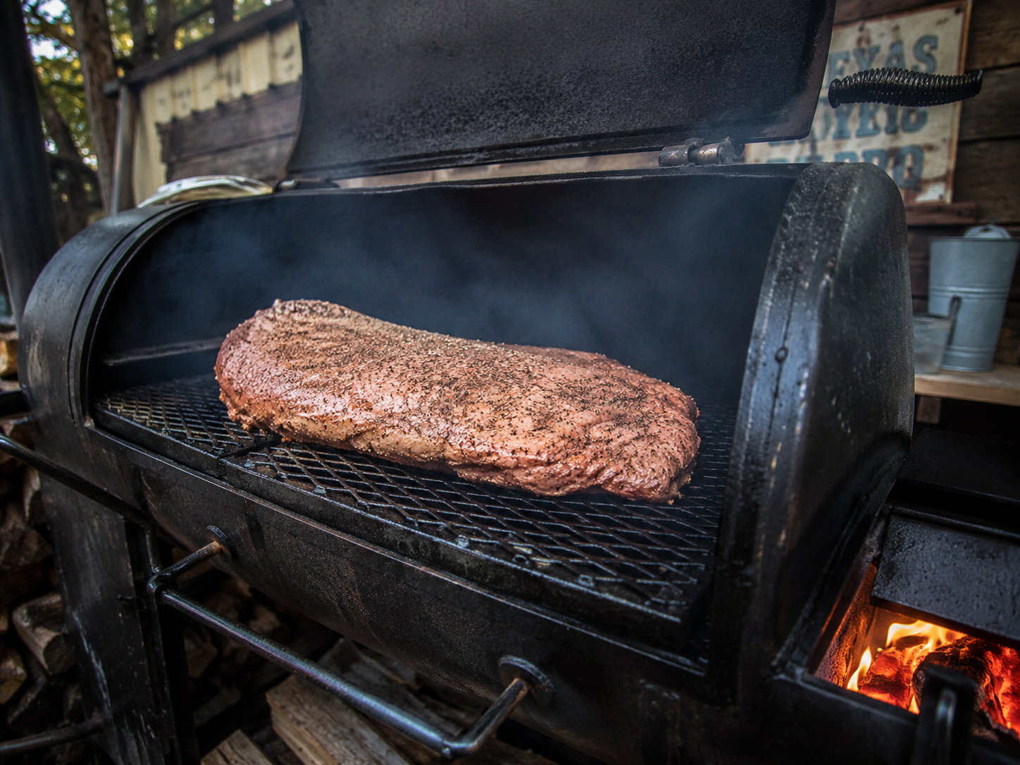 Brisket smoking on the outdoor offset smoker